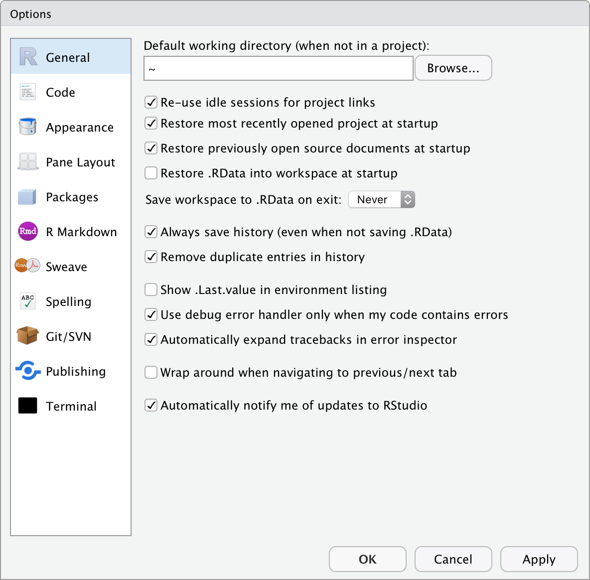 The RStudio Preferences menu.