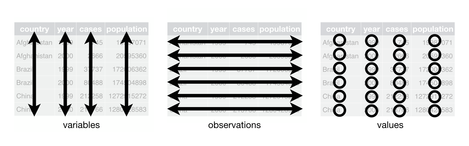 Following three rules make a dataset tidy --- variables are in columns, observations are in rows, and values are in cells. Reproduced from [R for Data Science](http://r4ds.had.co.nz/workflow-basics.html)