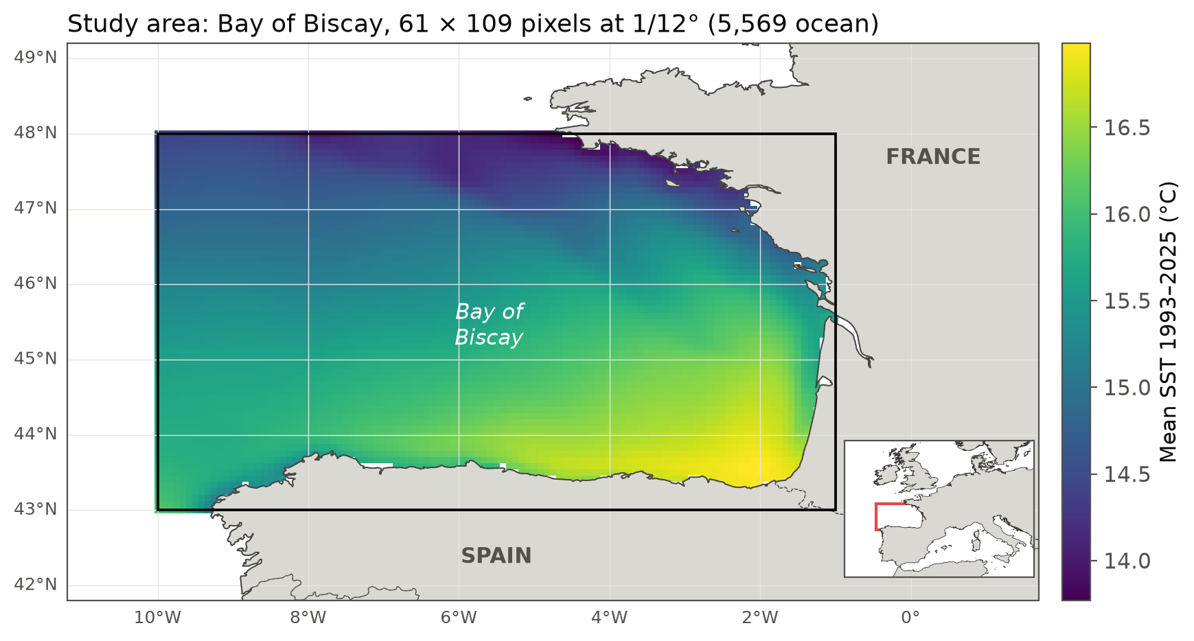 Map of the Bay of Biscay study area, coloured by the mean sea surface temperature from 1993 to 2025, between 14 and 17 °C.
